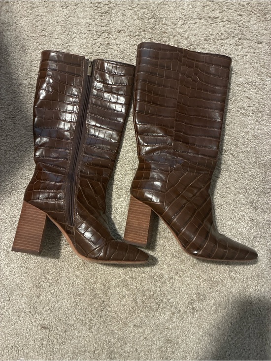 Vince Camuto Shoes - Vince Camuto Brown Croc-Embossed Mid-Calf Block Heel Boots
